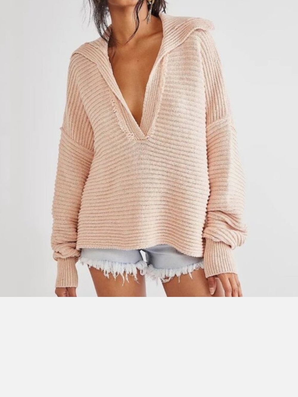Free People Blush Pink Deep V-Neck Hooded Ribbed Sweater
